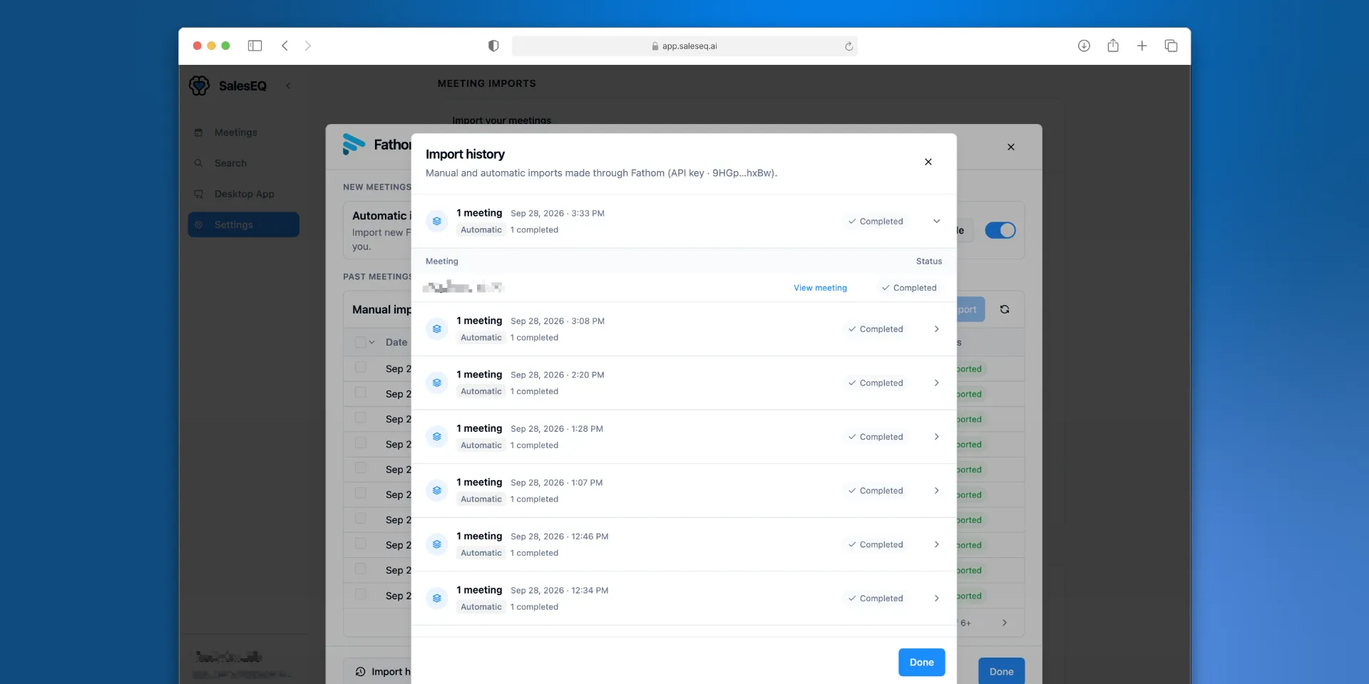 Import history for a Fathom connection, listing completed imports with one expanded to show its meeting and a View meeting link