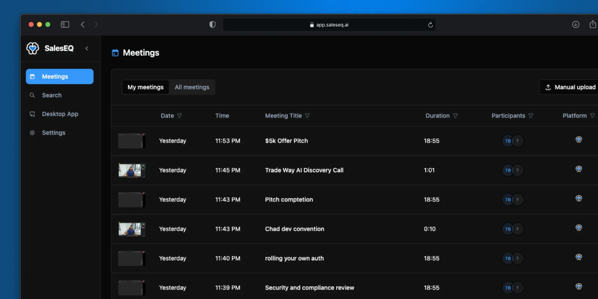 The Meetings page with My meetings selected and completed meetings in the table