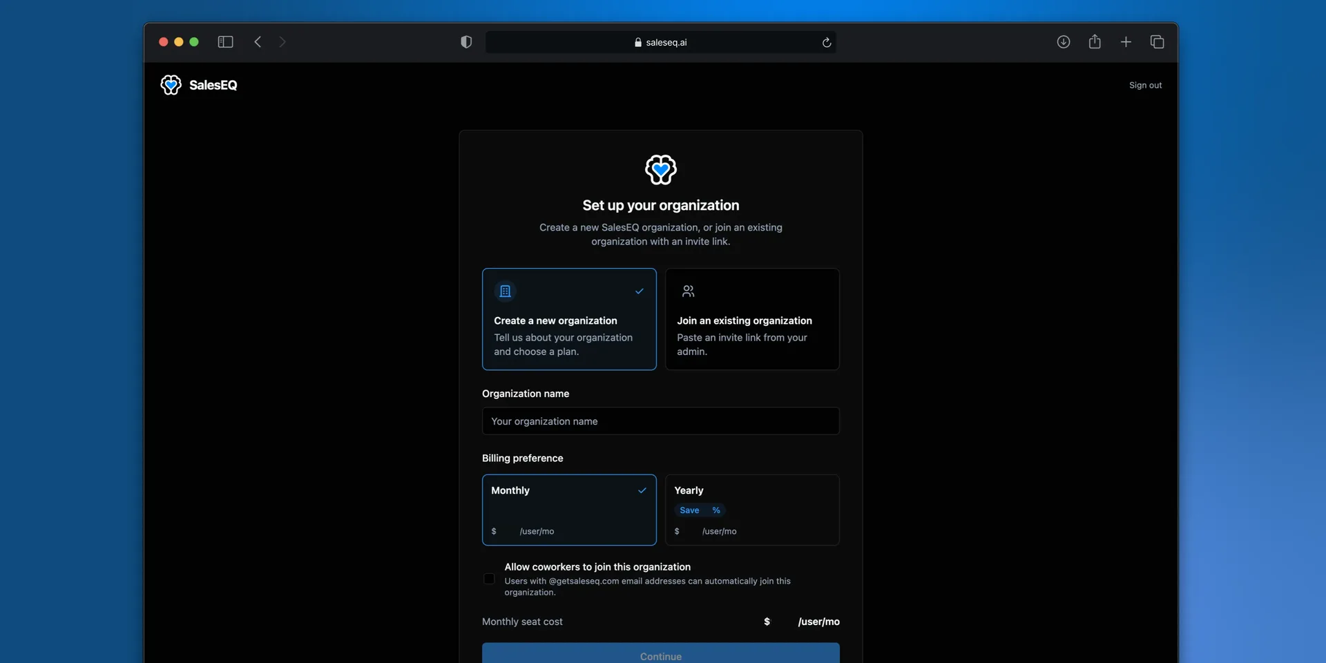 The Set up your organization screen with Create a new organization selected