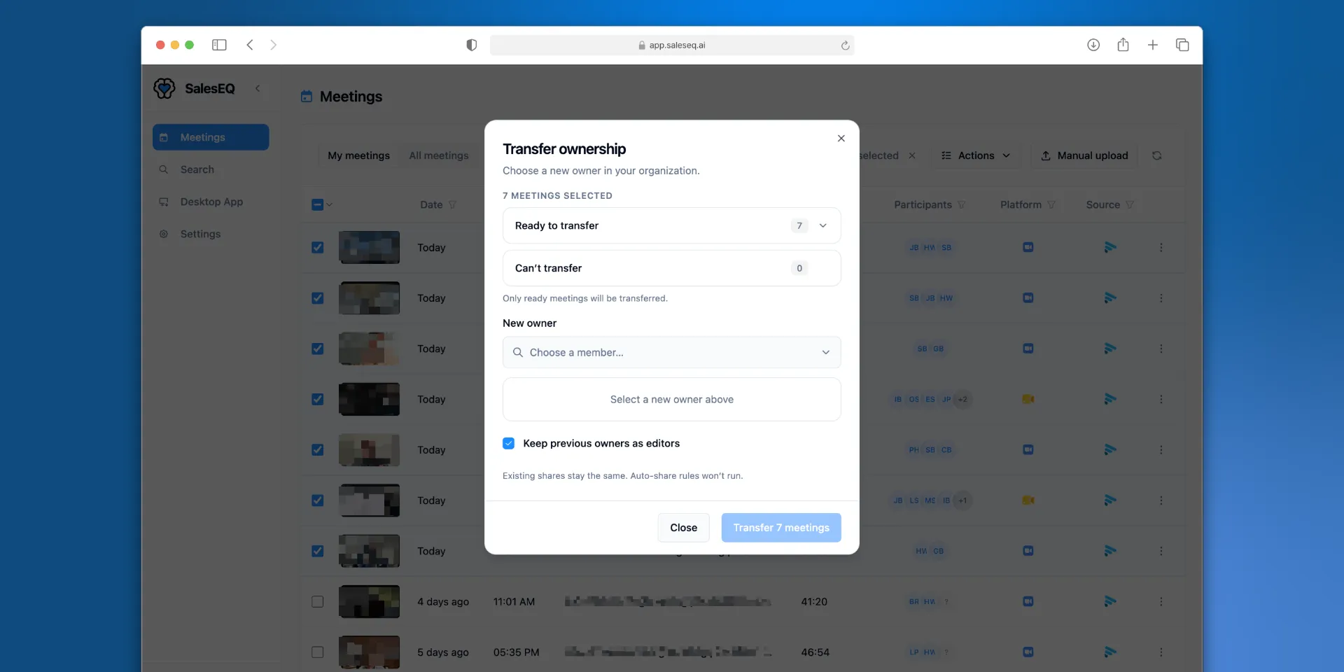 The Transfer ownership dialog with seven meetings ready to transfer, a new owner picker, and Keep previous owners as editors checked